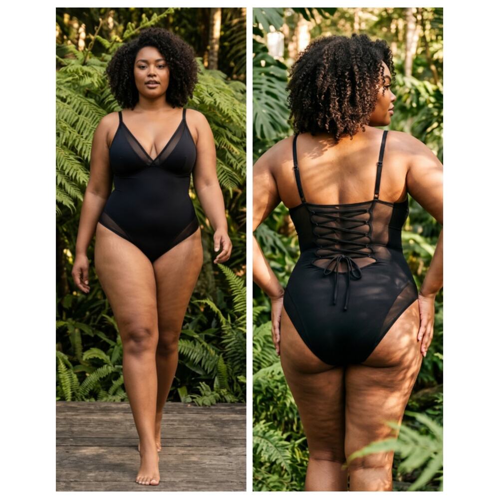 TA3 Mesh One Piece Swimsuit 3X Reg Long Black Lace Up NWT